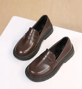 Classic brown British style girls leather loafers with thick non-slip soles for school
