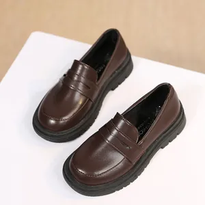 Classic British style dark brown girls' leather loafers with thick soles