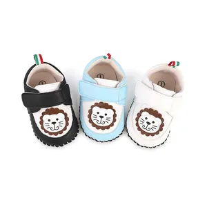 Cute baby walker shoes with lion face design available in black, blue, and white colors