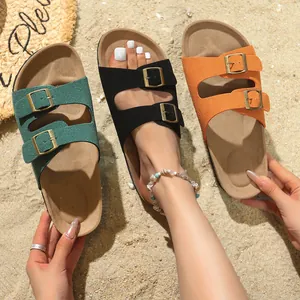 Sandali platform vintage con doppia fibbia da donna in pelle scamosciata verde nera e arancione