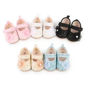 Baby Mädchen Prinzessin Schuhe Spitze Blume Künstliche Perle Dekor Weiche Sohle Lauflernschuhe Rutschfest Klettverschluss
