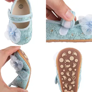 Detailansicht der weichen blauen Baby-Lauflernschuhe mit einer sehr flexiblen Sohle.