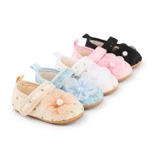 Set eleganter Baby-Prinzessin-Laufschuhe aus Spitze mit Netzblumen und Perlen in fünf Farben