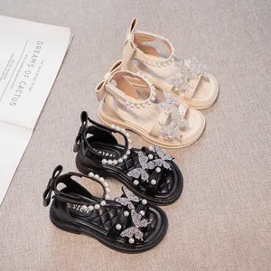 Zomer 2024 Meisjes Prinsessen Sandalen Met Parels Strass Vlinder Strik Antislip Zachte Zool Strandschoenen Voor Peuters Kinderen