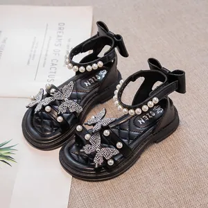 Elegante zwarte prinsessensandalen voor meisjes met vlinders van strass en parels