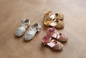 Sparkly sequin girls' dress shoes with elegant ribbon bows and pearl pendants for parties