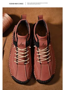 Detailed view of hand-stitched men's reddish brown leather casual loafers with laces