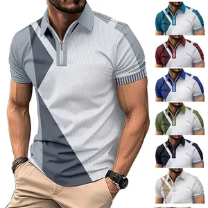 Slim fit men's color block polo shirt with zipper collar detail and multiple color options