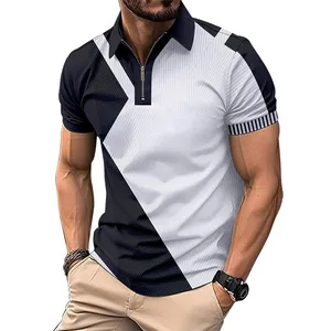 Men's slim fit color block polo shirt with quarter zip neckline and striped sleeves