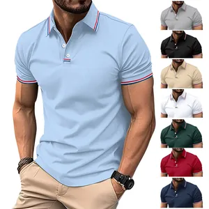 Detail view of men's casual polo shirt showing lapel collar and color options.