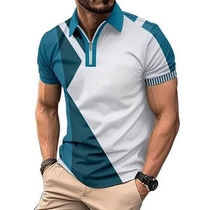 Close-up of men's slim fit polo shirt with geometric color block and zipper neck.