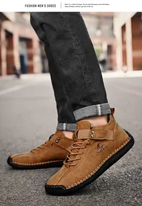 Close-up of brown hand-stitched leather driving shoes for men on the street