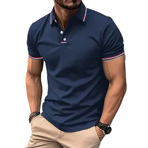 Close-up of navy blue polo shirt with contrast stripe collar and cuffs detail