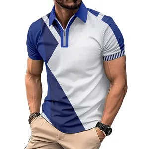 Detailed view of a men's slim fit color-block polo shirt featuring a zipper lapel