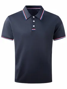 Detail view of navy polo shirt showing striped collar and white button closure.