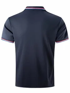 Back view of navy blue men's polo shirt with tricolor stripe collar and cuffs