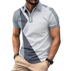 Close-up detail of men's slim fit polo shirt with grey geometric pattern and zipper collar