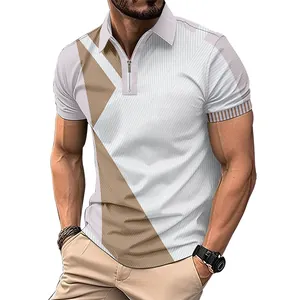 Detailed view of men's slim fit polo shirt featuring geometric color blocks and zipper