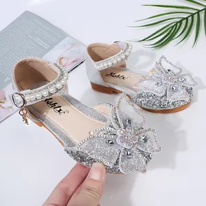 Silver glitter girls' princess shoes with butterfly bow and pearl strap decoration