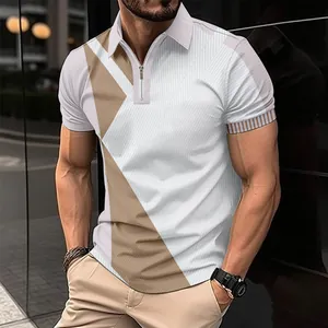 Men's slim fit color-block Polo shirt with zipper collar and short sleeves in white