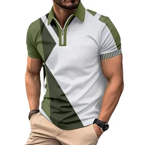 Men's slim fit Polo shirt with quarter zip and green color block geometric pattern