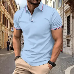 Men's light blue business casual polo shirt with tricolor stripe details on cuffs.