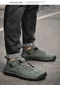 Hand-stitched green leather casual loafers for men presented in an outdoor setting