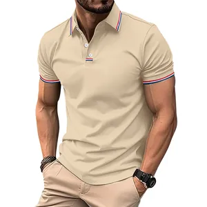 Detail of men's khaki polo shirt with red and blue striped collar and cuffs