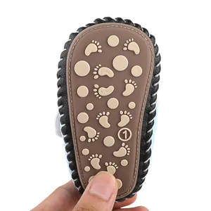 Detail of brown non-slip baby shoe sole with cute footprint pattern and size 1 marking.