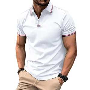 Close-up of a white men's polo shirt featuring elegant red and blue striped trim details