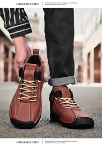 Macro shot of hand-stitched brown leather casual men's driving shoes on the street