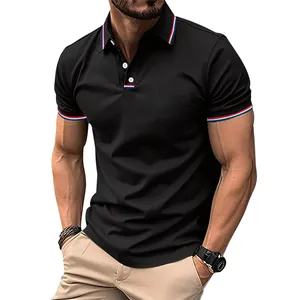 Close-up of men's black polo shirt with striped collar and sleeve detail