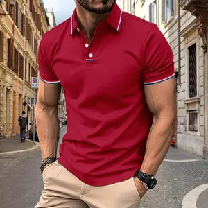 Close-up detail of a slim-fit red polo shirt featuring striped collar and cuff accents.