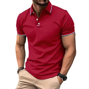 Close-up detail of red men's polo shirt with striped collar and three-button placket