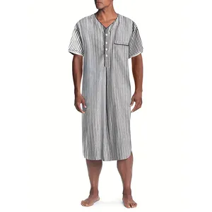 Close-up detail of men's striped short sleeve nightgown with V-neck and front pocket