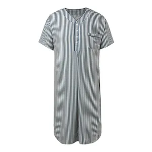 High-quality front view of men's striped long sleepwear robe with V-neck and buttons
