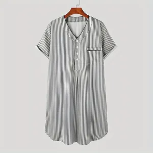 Detail view of men's striped short sleeve nightgown with V-neck and button front.