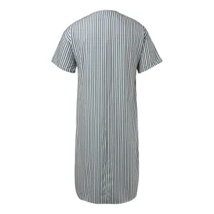 Rear view of a comfortable men's short-sleeve thin long sleep robe with blue stripes.