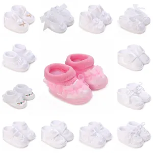 Infant Baby Soft Sole Baptism Shoes Satin Embroidered Heart Bow Princess Shoes For Christening Wedding Newborn Prewalker Shoes