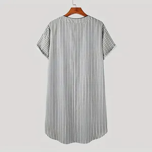 Detailed back view of a men's striped short sleeve sleep robe on a wooden hanger