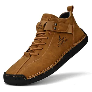 Classic brown hand-stitched men's casual leather driving shoes with non-slip rubber soles
