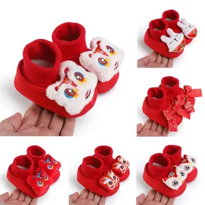 Festive Baby Prewalker Shoes Red Chinese Style Lion Dance Rabbit Pattern Soft Sole Non-Slip Warm Indoor Toddler Shoes For Newborns Infants