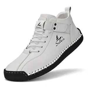Men Casual Microfiber Leather Shoes Hand-Stitched Rubber Sole Slip-On Driving Loafers Breathable Comfortable Retro Fashion Footwear