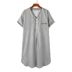 Comfortable men's vertical striped short sleeve sleep shirt with V-neck and buttons