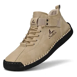 Men's handmade stitched casual leather driving shoe with durable rubber sole in khaki beige