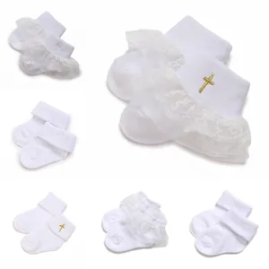 0-1 Year Old Baby Socks Lace Mesh Breathable Infant Cotton Socks With Cross Embroidery Christening Baptism Beanie Hat Accessories