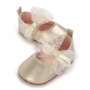 Zapatos dorados de princesa para bebé con lazo de tul elegante y suela suave antideslizante
