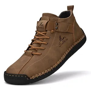 Men's brown leather casual loafers with hand-stitched details and durable rubber soles