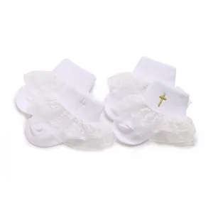 Baby socks with lace ruffles and embroidered cross for infants 0-1 years old