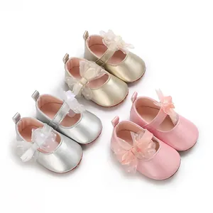 Zapatos de Princesa para Bebé Niña Lazo Malla Encaje Suela Blanda Antideslizante de Cuero PU Zapatos de Primeros Pasos para Boda Fiesta